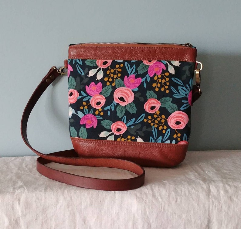 Soft Crossbody Strap Sale on Tan Leather Tote Bag with Rosa Navy Rifle Paper Co Linen Accent Small Medium Size Pockets Inside and Out