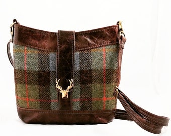 Harris Tweed Crossbody Purse, with Leather and Stag Head Clasp. Highland Scottish with Zipper Closure. Smaller Tote, Bucket Bag Handbag