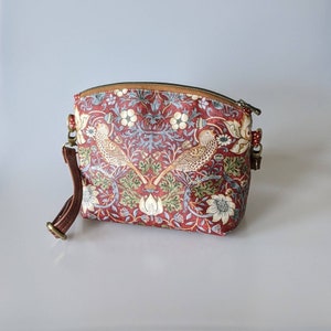 Smaller Purse in William Morris Fabric. Red Strawberry Thief Handbag with Leather Crossbody Strap. Handmade in Canada image 3