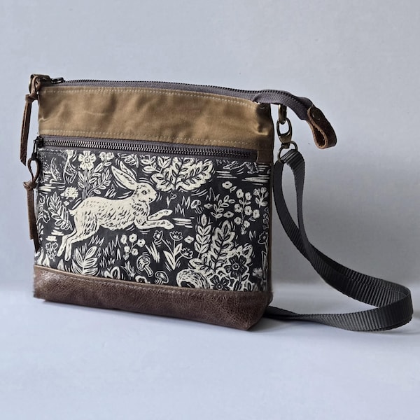 Crossbody Bag with Zipper Pocket in Tan Waxed Canvas and Rabbit Print