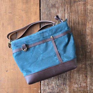 Zippered Handbag in Brown Leather and Teal Blue Green Waxed Canvas. Sturdy, Practical Medium Size Starling Purse, Shoulder Crossbody Strap. image 1