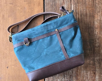 Zippered Handbag in Brown Leather and Teal Blue Green Waxed Canvas. Sturdy, Practical Medium Size Starling Purse, Shoulder Crossbody Strap.