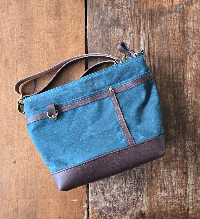 Zippered Handbag in Brown Leather and Teal Blue Green Waxed Canvas. Sturdy, Practical Medium Size Starling Purse, Shoulder Crossbody Strap. image 1