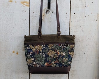 Zippered Bigger Bag in Olive Waxed Canvas and Tree of Life Tapestry  with Leather Accents. Shoulder Bag with Tote Straps, Overnight Bag