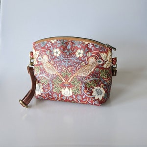 Smaller Purse in William Morris Fabric. Red Strawberry Thief Handbag with Leather Crossbody Strap. Handmade in Canada image 2