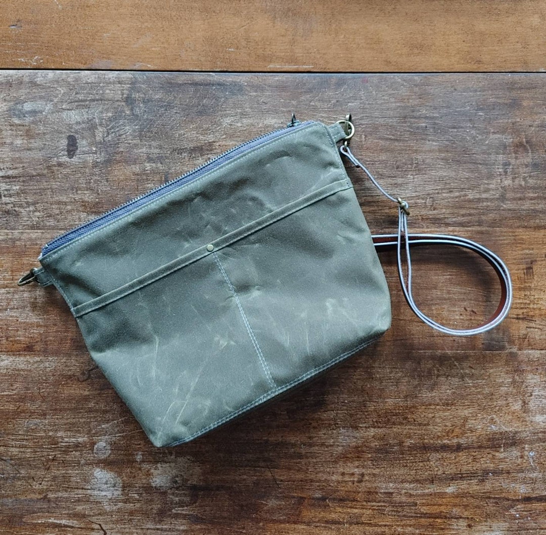 Smaller Sized Waxed Canvas Zippered Tote Bag. Olive Drab Waxed Cotton