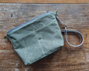 Smaller Sized Waxed Canvas Zippered Tote Bag. Olive Drab Waxed Cotton Purse with a Crossbody Strap