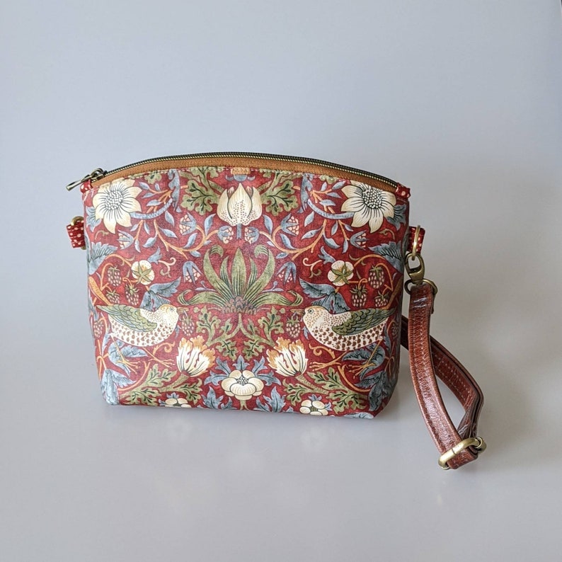 Smaller Purse in William Morris Fabric. Red Strawberry Thief Handbag with Leather Crossbody Strap. Handmade in Canada image 4