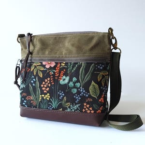 Smaller Waxed Canvas, Leather and Floral Print Bag. Zipper Pocket, Crossbody Strap. Perfect Size for your Wallet, Cell, Keys and Passport.
