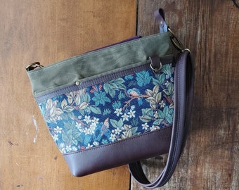 Medium Size Handbag with Zipper Closure and Leather Strap. William Morris Tree of Life Tapestry, Brown Leather, Olive Green Waxed Canvas.