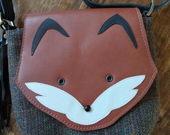 Forest Fox Crossbody Saddlebag in Burnt Orange Leather and Harris Tweed. This Cute Fox Face Handbag is Handmade in Canada.