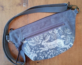 Larger Capacity Hip Pack, Zipper Top, Pocket, Waxed Cotton Canvas, Rifle Paper Co Fable Rabbit, Handmade in Canada. Belt Bag or Crossbody