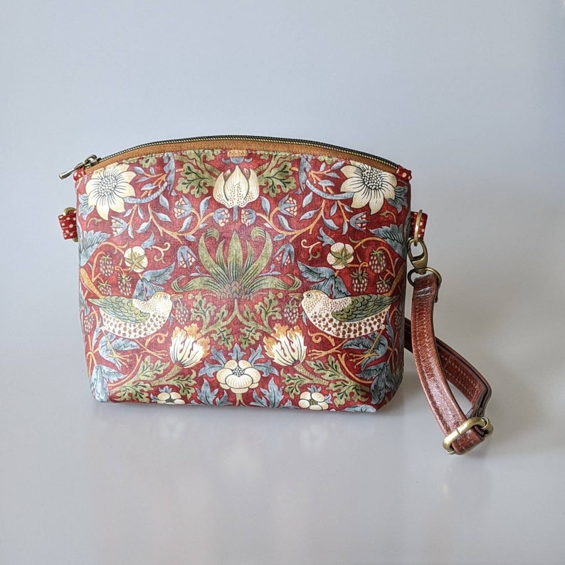 Smaller Purse in William Morris Fabric. Red Strawberry Thief Handbag with Leather Crossbody Strap. Handmade in Canada image 6