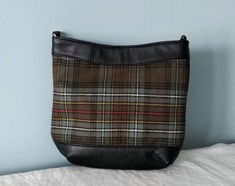 Smaller Black Leather and Tartan Purse.  Zipper Top Handbag can be Worn Crossbody. Celtic Boho Hobo  Style, Artisan Handmade in Canada