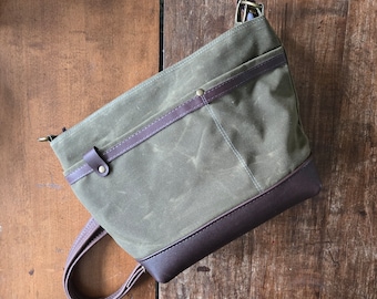 Zippered Handbag in Brown Leather and Green Olive Drab Waxed Canvas with Crossbody Strap. Casual Medium Size Starling Bag for Men or Women.