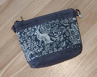 Smaller Zippered Tote Bag with Crossbody Strap. Purse in Waxed Canvas with Rifle Paper Co Fable Forest Rabbit Print. Pockets on Front