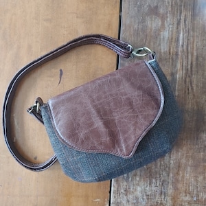 Tweed and Leather Crossbody Saddle Bag. Brown Leather and Harris Tweed Wildwood Handbag. Made in Canada. image 1