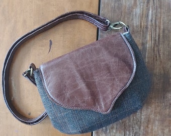 Tweed and Leather Crossbody Saddle Bag. Brown Leather and Harris Tweed Wildwood Handbag. Made in Canada.