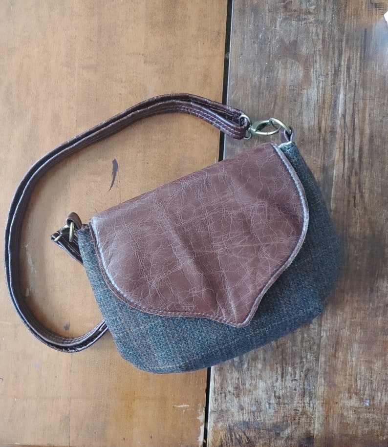 Tweed and Leather Crossbody Saddle Bag. Brown Leather and Harris Tweed Wildwood Handbag. Made in Canada. image 1