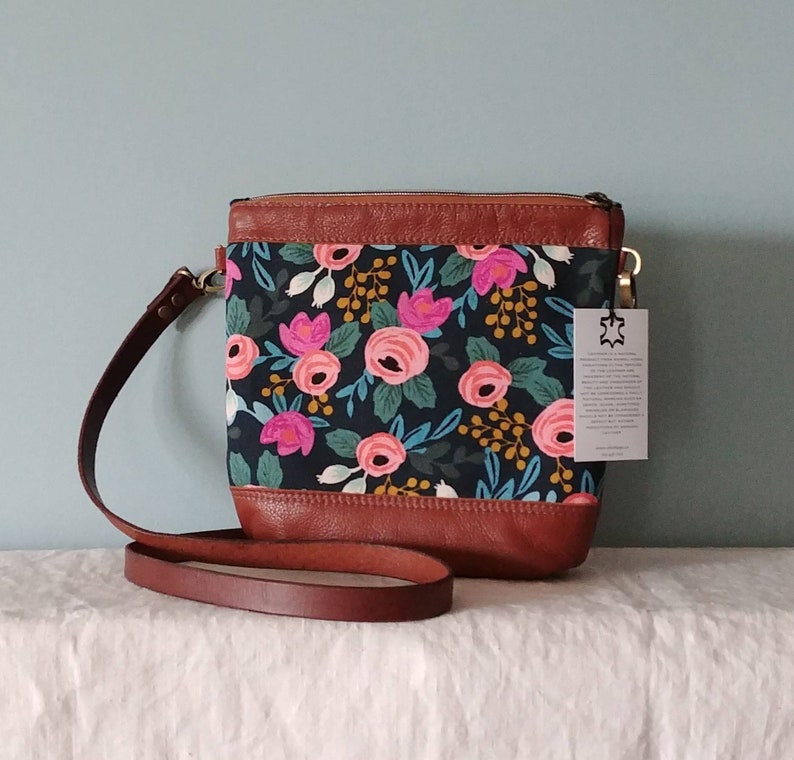 Soft Crossbody Strap Sale on Tan Leather Tote Bag with Rosa Navy Rifle Paper Co Linen Accent Small Medium Size Pockets Inside and Out