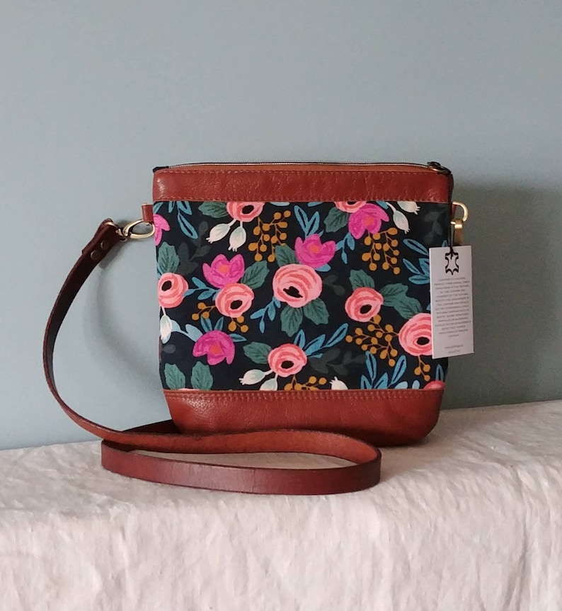 Soft Crossbody Strap Sale on Tan Leather Tote Bag with Rosa Navy Rifle Paper Co Linen Accent Small Medium Size Pockets Inside and Out