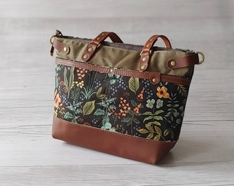 Handbag in Rifle Paper Co Herb Garden with Brown Leather, Green Waxed Canvas. Medium Size Purse with Zippered Top, Leather Crossbody Strap