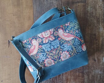 Zippered Hand Bag in Teal Blue Leather with a panel of William Morris's Strawberry Thief Tapestry. Crossbody Strap, Totebag Purse for Women.