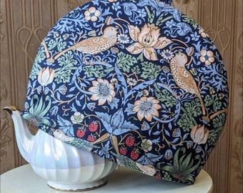 Navy Strawberry Thief Tea Cosy, Double Insulated William Morris Print Tea Cozy, Choice of Colours, Six Cup Teapot Cover. Made Canada