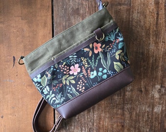 Handbag in Rifle Paper Co Herb Garden with Brown Leather, Green Waxed Canvas. Medium Size Purse with Zippered Top, Leather Crossbody Strap