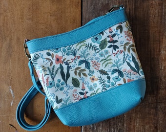 Leather Handbag in Grey Blue Leather with Floral Panel. Zippered Purse with Crossbody Strap, Rifle Paper Print, Canadian Made, Sway Design