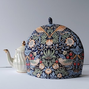 Navy Strawberry Thief Tea Cosy, Double Insulated William Morris Print Tea Cozy, Choice of Colours, Six Cup Teapot Cover. Made Canada