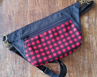 Fanny Pack, Waxed Cotton Canvas and Buffalo Plaid Print, Handmade in Canada. Waist bag, Belt Bag or Crossbody,  Designer Boho Style