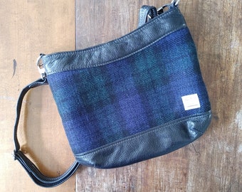 Leather "Sway" Handbag with Black Watch Harris Tweed Panel. Medium Size, Outlander Inspired, Canadian Made, Tote Bag. Cross Body Purse Strap