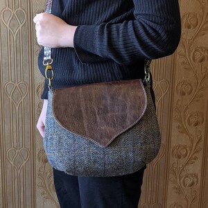 Tweed and Leather Crossbody Saddle Bag. Brown Leather and Harris Tweed Wildwood Handbag. Made in Canada. image 9