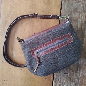 Tweed and Leather Crossbody Saddle Bag. Brown Leather and Harris Tweed Wildwood Handbag. Made in Canada. image 4