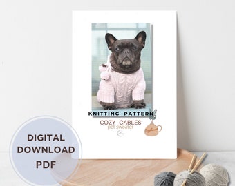 Knitting pattern PDF French bulldog cabled sweater with pompoms, Dog sweater, Pug sweater, Devon rex sweater, Sphynx sweater