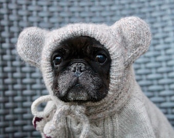 French bulldog wool alpaca ear warmers hat  , French bulldog teddy snood ,  Pug wool alpaca snood, Dog winter hat and sweater