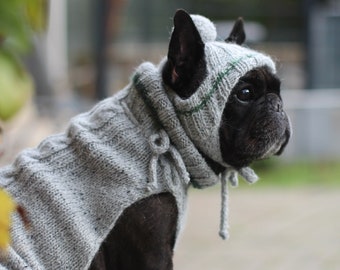 French bulldog wool sweater and hat, French bulldog grey tweed winter coat,  Pug wool alpaca sweater, Dog winter hat, Hand knitted dog hat