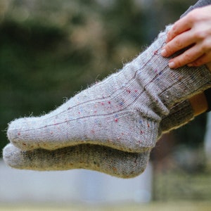 Gris chiné, Chaussettes torsadées - Femme - Laine d'agneau