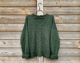 Pull décontracté en mohair et alpaga pour femme en vert, pull en mohair en maille ample, pull surdimensionné en alpaga et mohair, pull tricoté à la main pour femme