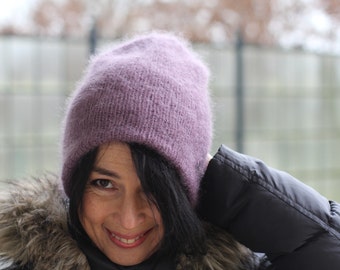 Mohair beanie hat in purple , Mohair winter hat, Knitted mohair beanie hat, Winter hat for women