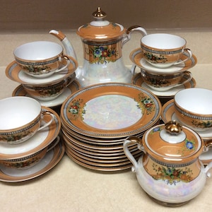 Noritake Morimura Lusteware Hand Painted Tea Set Of 33 Pieces Peach Floral Teapot- Sugar Bowl- Dessert Plates- Cups - Saucers Made In Japan