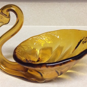 Kanawha Amber Art Glass Swan Basket Candy/Nuts Dish