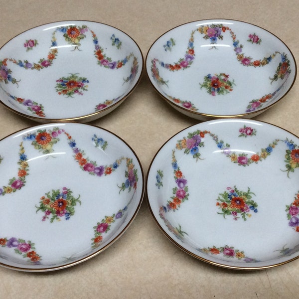 Vintage Mikado China Aloha Pattern Round Ceramic Dessert Bowls Set Of 4 White Multicolor Flower Swags Gold Rim Made In Occupied Japan