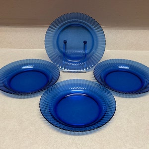 Vintage Cobalt Blue Round Ribbed Rim Glass Soup Bowls Set Of 4
