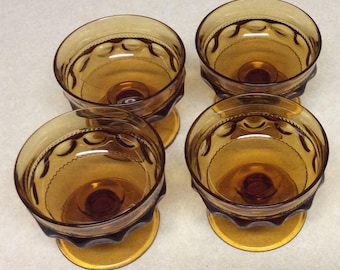 Vintage Indiana Glass Kings Crown Thumbprint Amber Footed  Sherbet Cups Set Of 4
