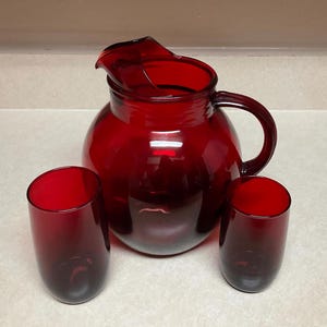 Set of 12 Pieces Anchor Hocking Royal Ruby Red Ball Glass Pitcher Water/Juice Glasses
