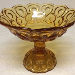 Vintage L.E Smith Moon & Star Pattern Amber Pedestal Glass Compote Candy Dish