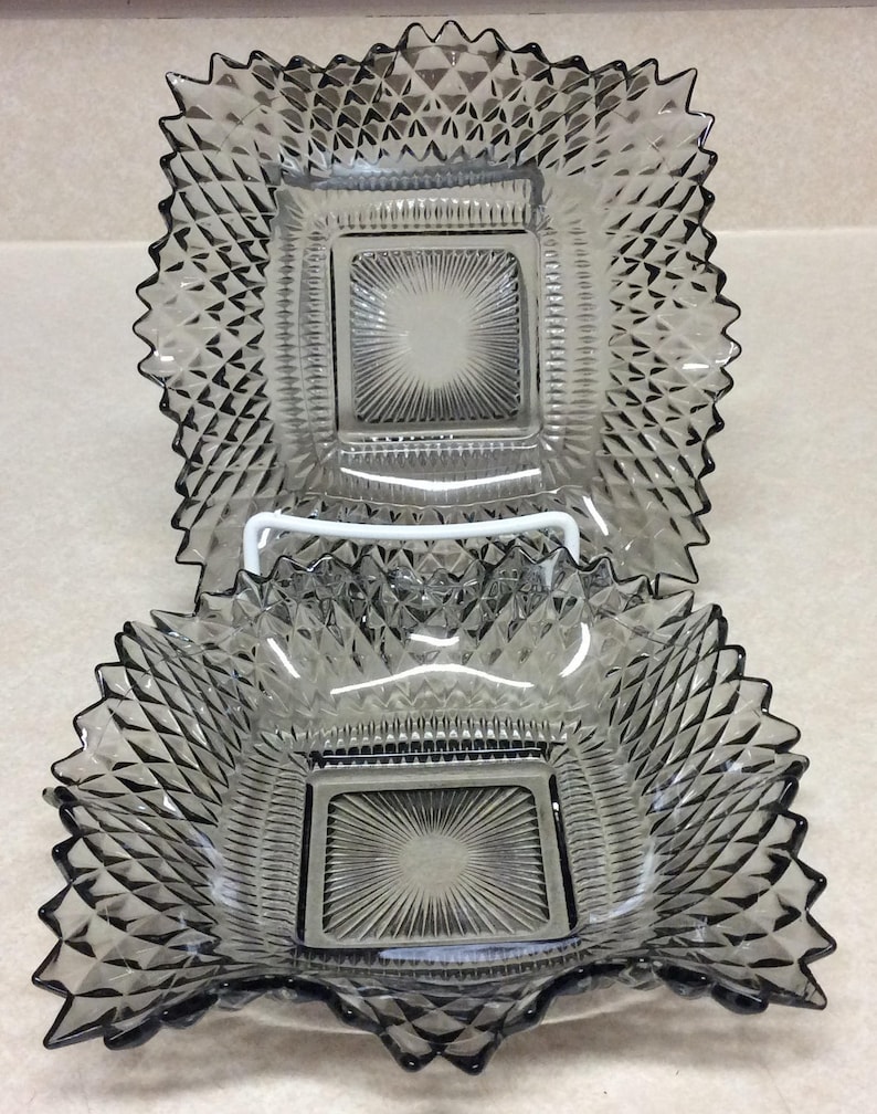 Vintage Diamond Cut Ruffled Edge Square Smoky Glass Bowls Set of 2 - Etsy