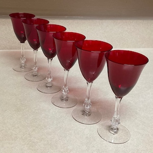 Vintage Barware Cordial Ruby Red Clear Stem Liquor/Shot Glasses Set Of 6